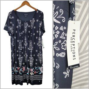 NEW Perceptions Shirt Dress Plus Size 1X Black Floral Midi Stretchy Pleated Top